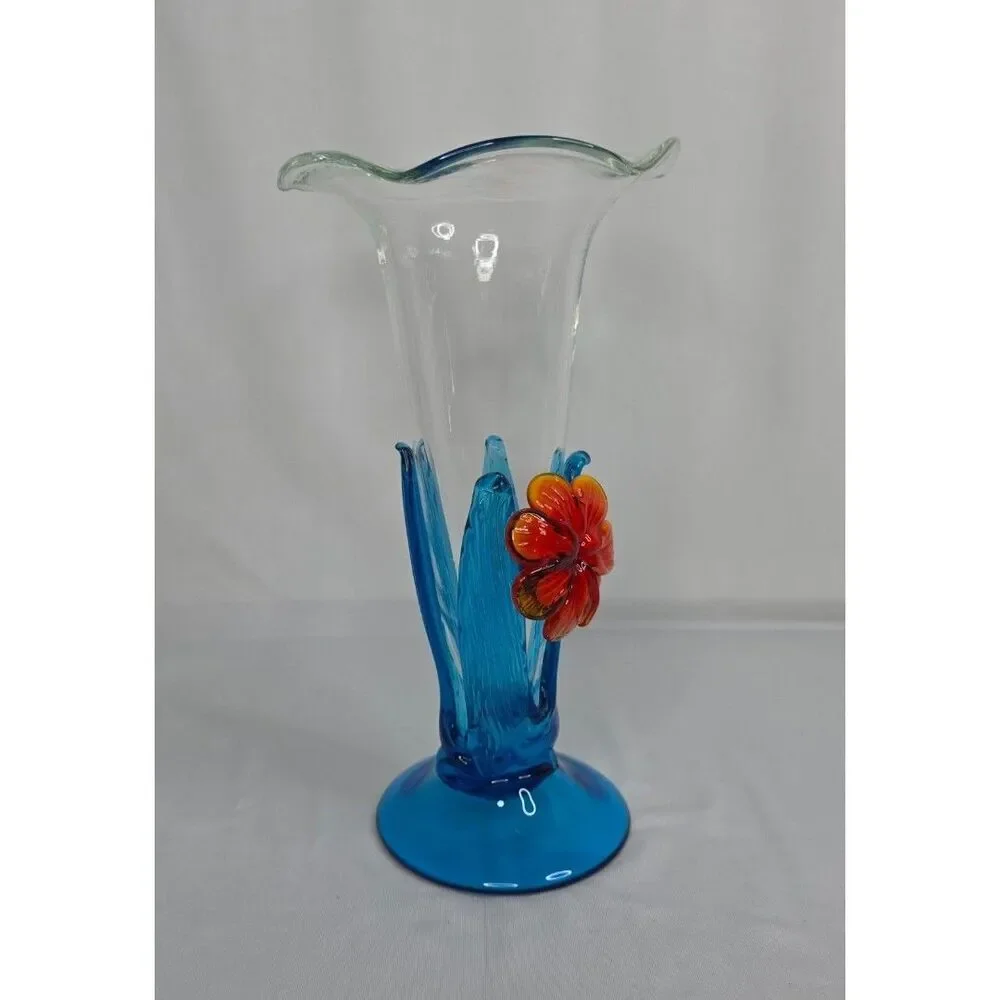 Vintage Murano Style Art Glass Vase | Blue Waves w/ Orange Flower | Hand Blown
